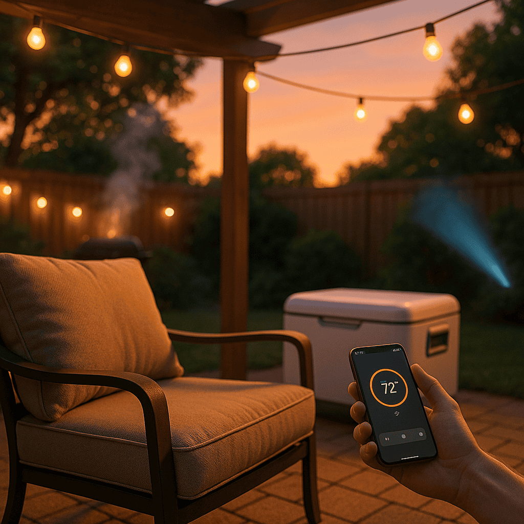 A vibrant summer scene showing elements like smart patio lights, a grill with a thermometer probe, a modern cooler, and a subtle hint of a projector beam.