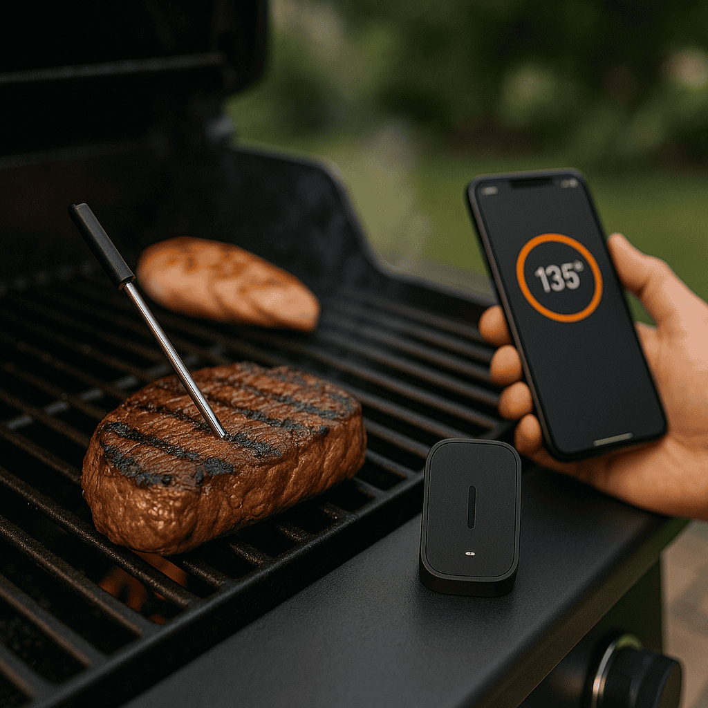 A smart meat thermometer probe inserted into a steak cooking on a grill, with a phone displaying the temperature.