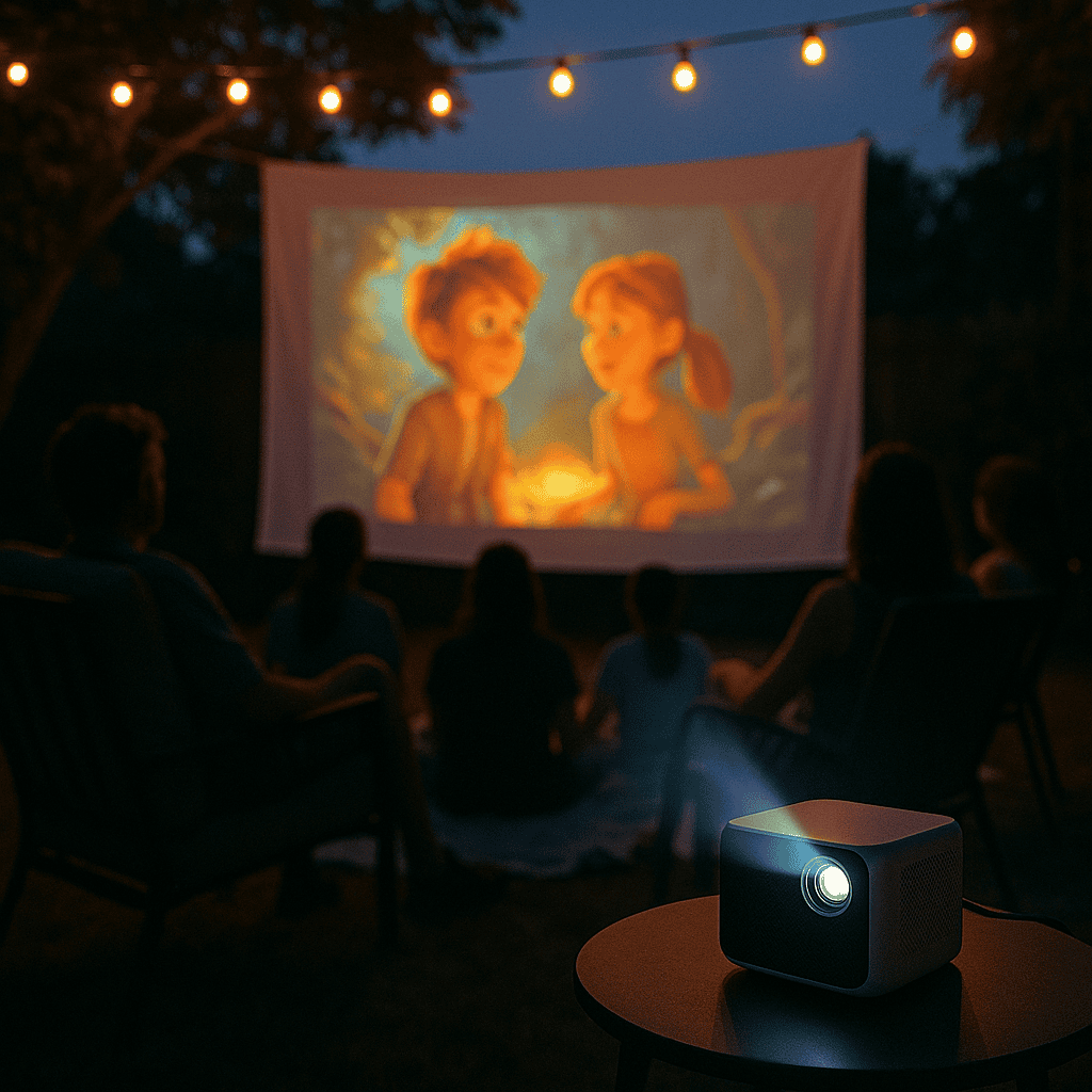 People relaxing outdoors watching a movie projected onto a screen in a backyard at dusk.