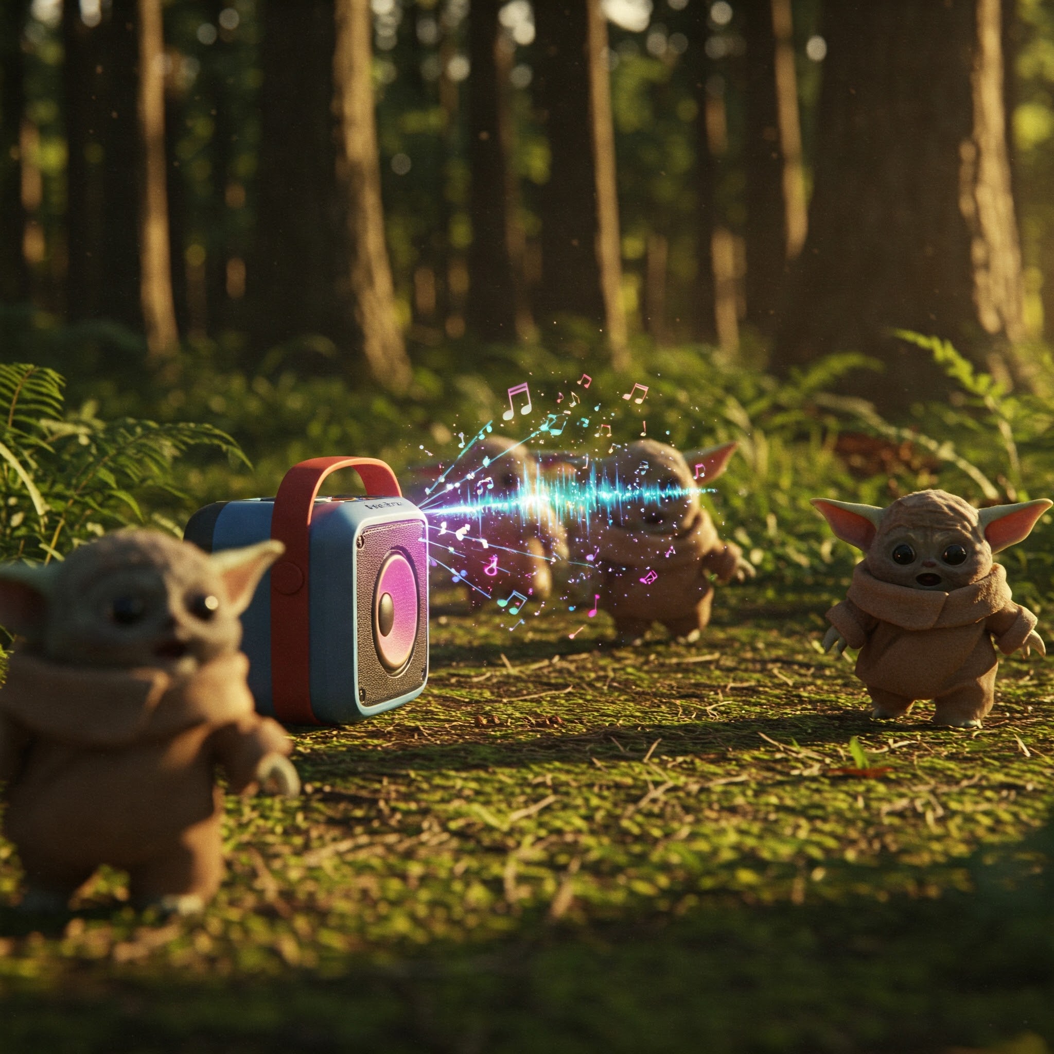 A portable speaker playing music in a forest clearing, startling small, furry creatures.