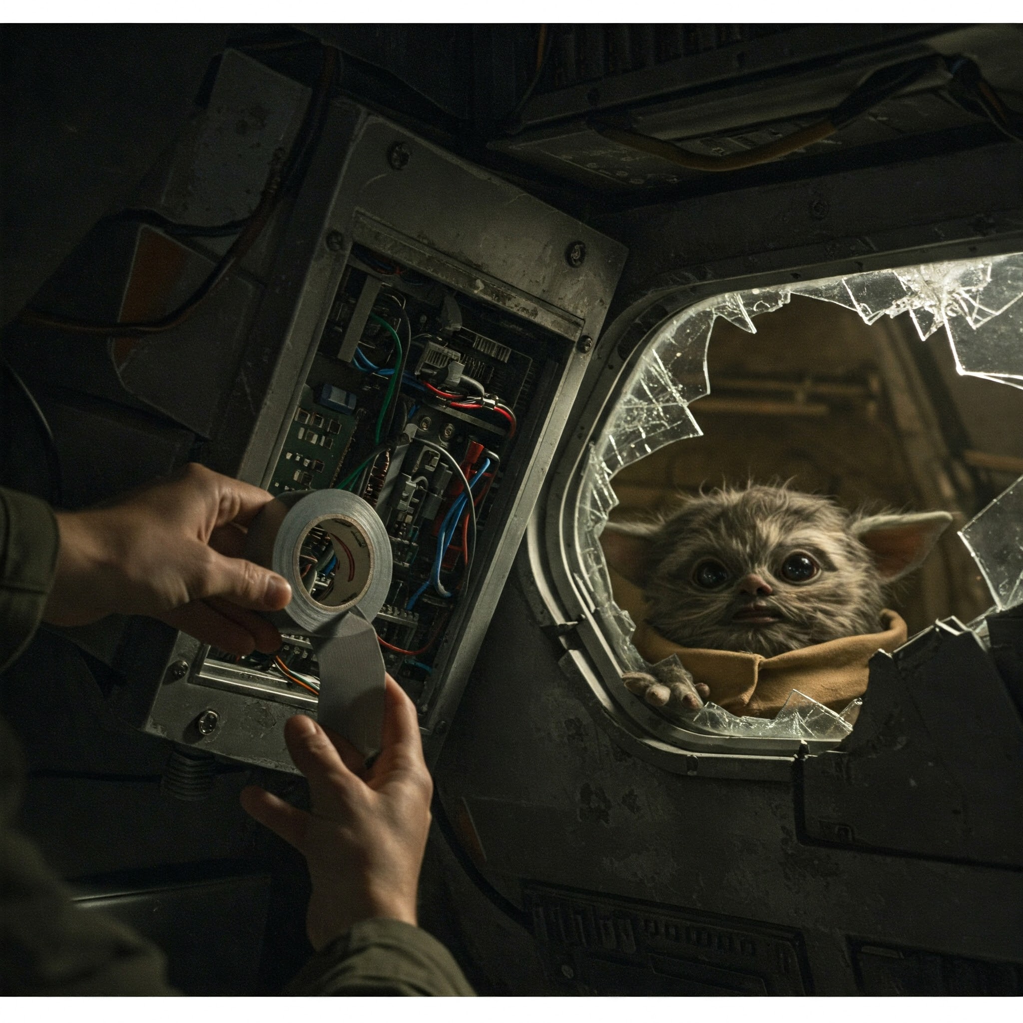 A hand uses duct tape to repair a sparking panel on a spaceship, with a furry creature watching.