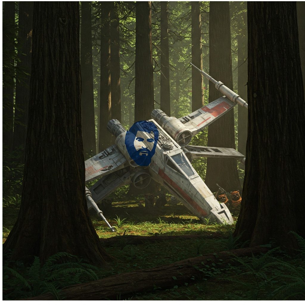 A small, sturdy spaceship rests among giant trees, a tiny furry creature peeking out, on a forest moon.