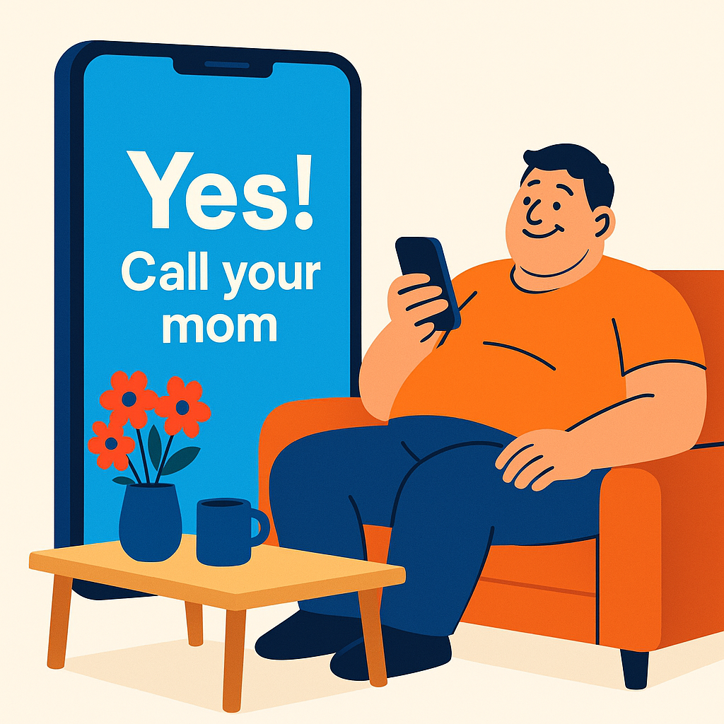 Big guy on couch smiling at phone while giant screen says “Yes! Call your mom,” with flowers and coffee nearby.