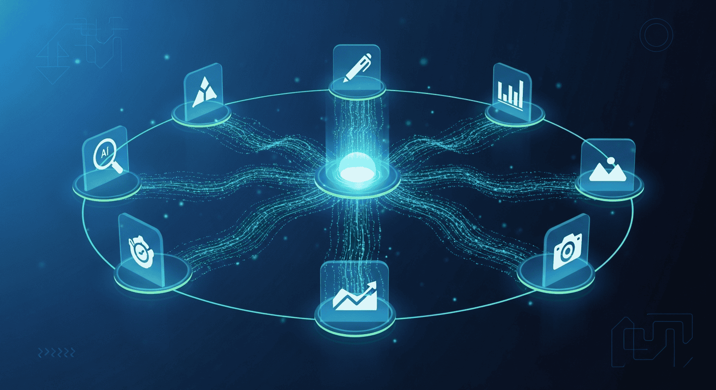 Seven specialized robotic agents arranged in a circle collaborating around a central holographic workspace, each representing a different content pipeline role