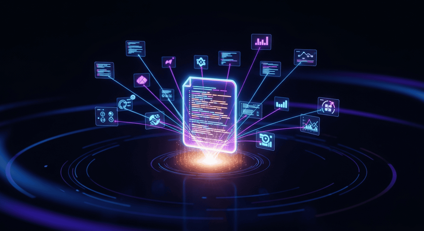 A glowing digital document radiating neural network connections, representing the CLAUDE.md instruction file as the brain of the automation system