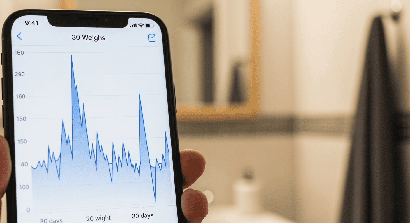 Phone displaying weight tracking graph from smart scale app over time