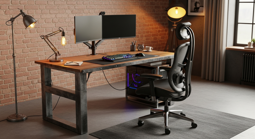 Heavy duty standing desk setup in a home office with dual monitors