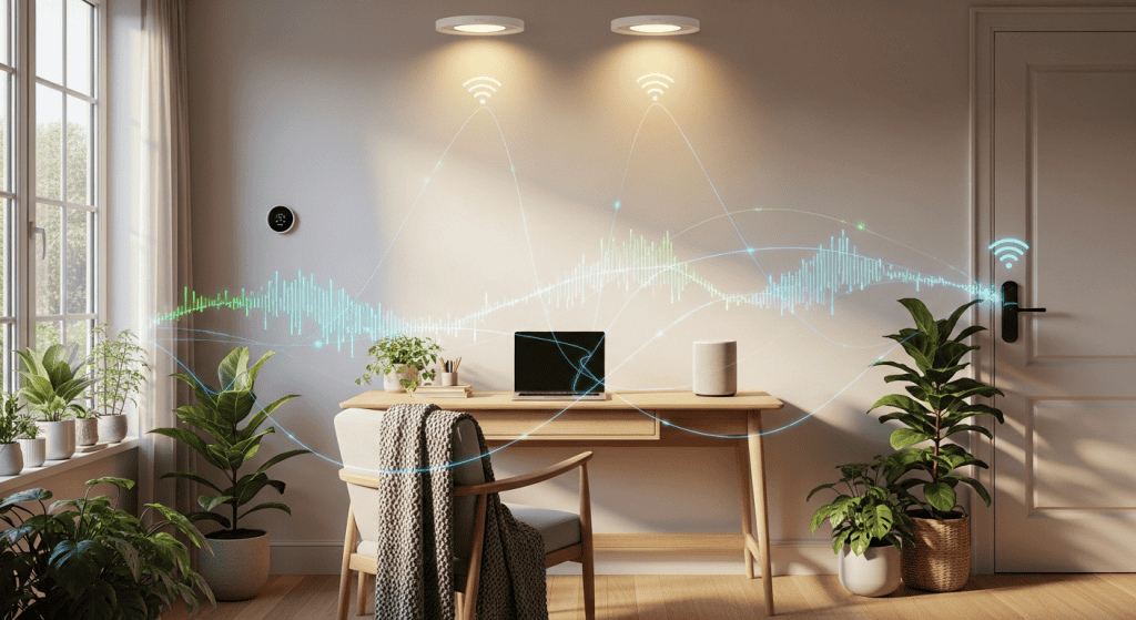 Smart home devices connected by glowing protocol lines in a modern living room