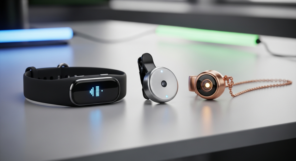 Three AI wearable devices on a modern desk surface