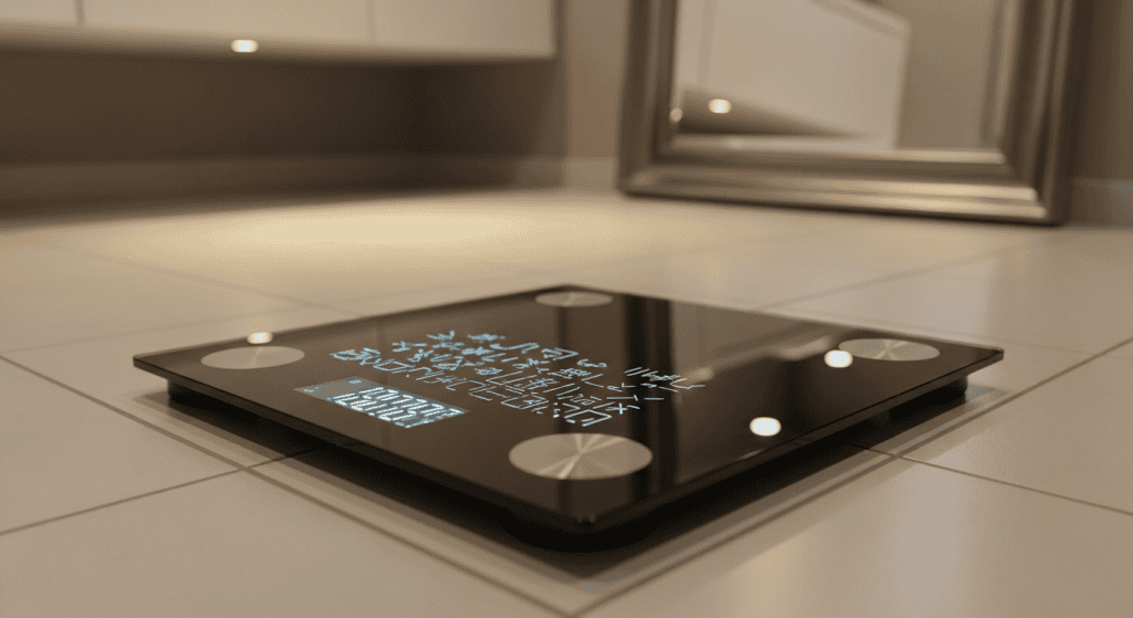 Digital smart scale on bathroom floor with skeptical mood lighting