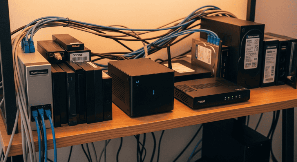 Compact mini PC home server setup with router and ethernet cables