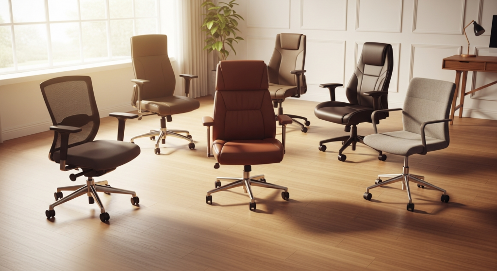Five different office chairs arranged in a semi-circle in a modern home office, showing mesh, leather, gaming, and executive styles for big and tall users