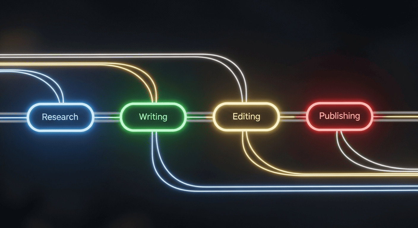 Seven glowing orbs connected by light ribbons representing the blog content pipeline stages from research through publishing