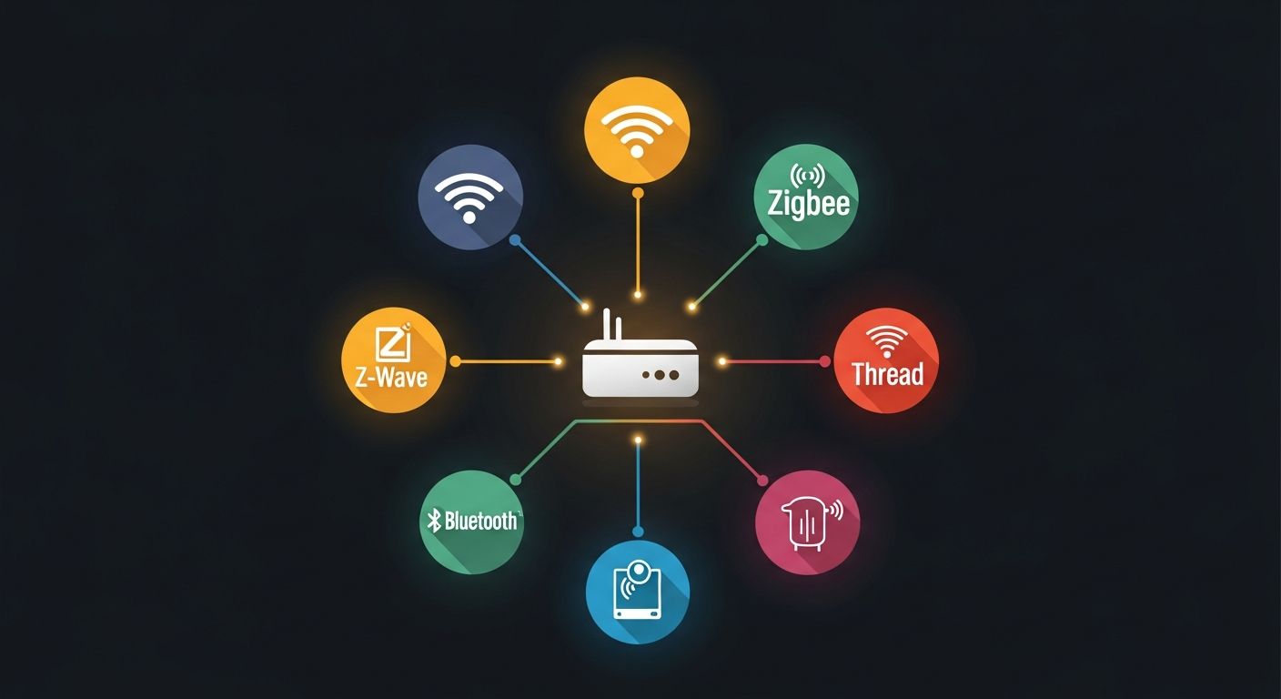 Smart home protocol comparison showing Wi-Fi, Zigbee, Z-Wave, and Matter over Thread