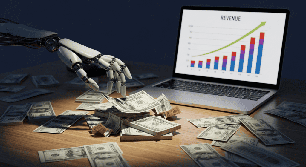 Laptop with revenue charts and robot hand representing AI side hustle opportunities