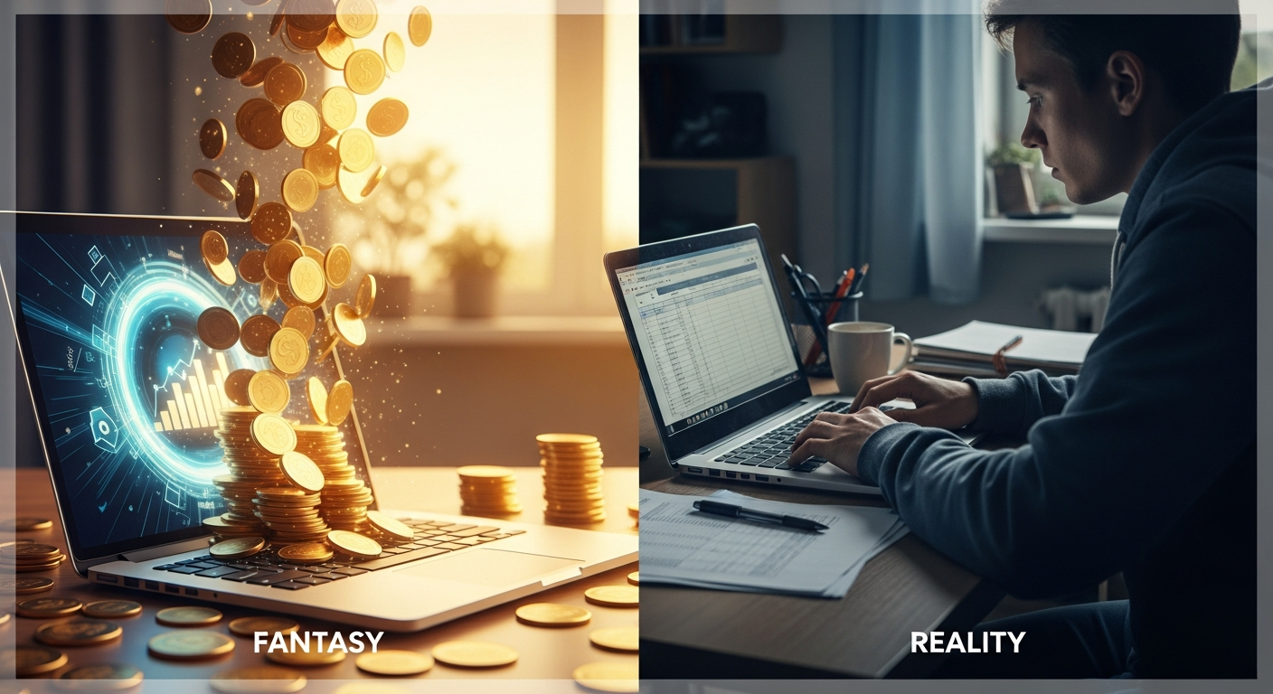 Split-screen comparing AI side hustle hype with fantasy income versus modest reality