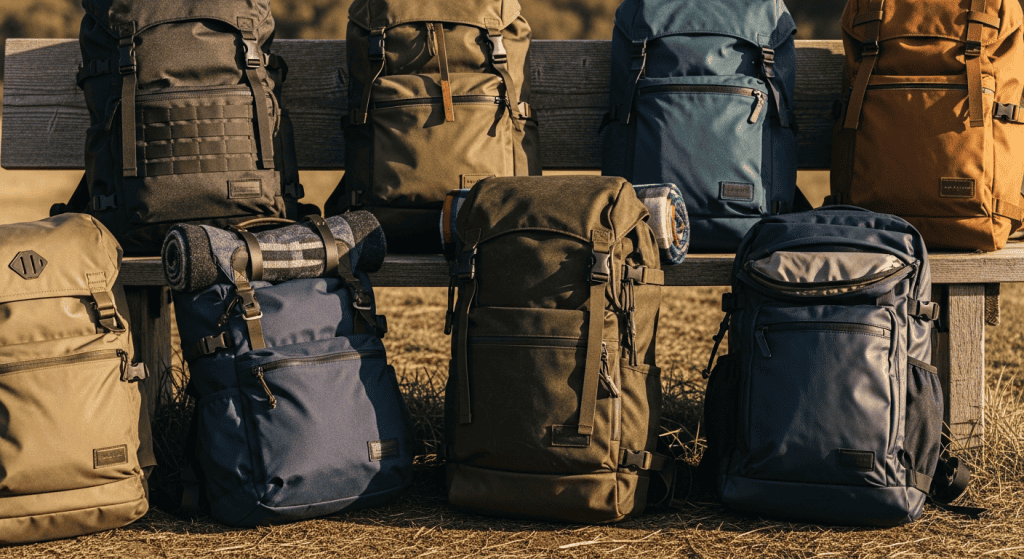The best backpacks for big guys: a collection of large-frame packs on a wooden bench