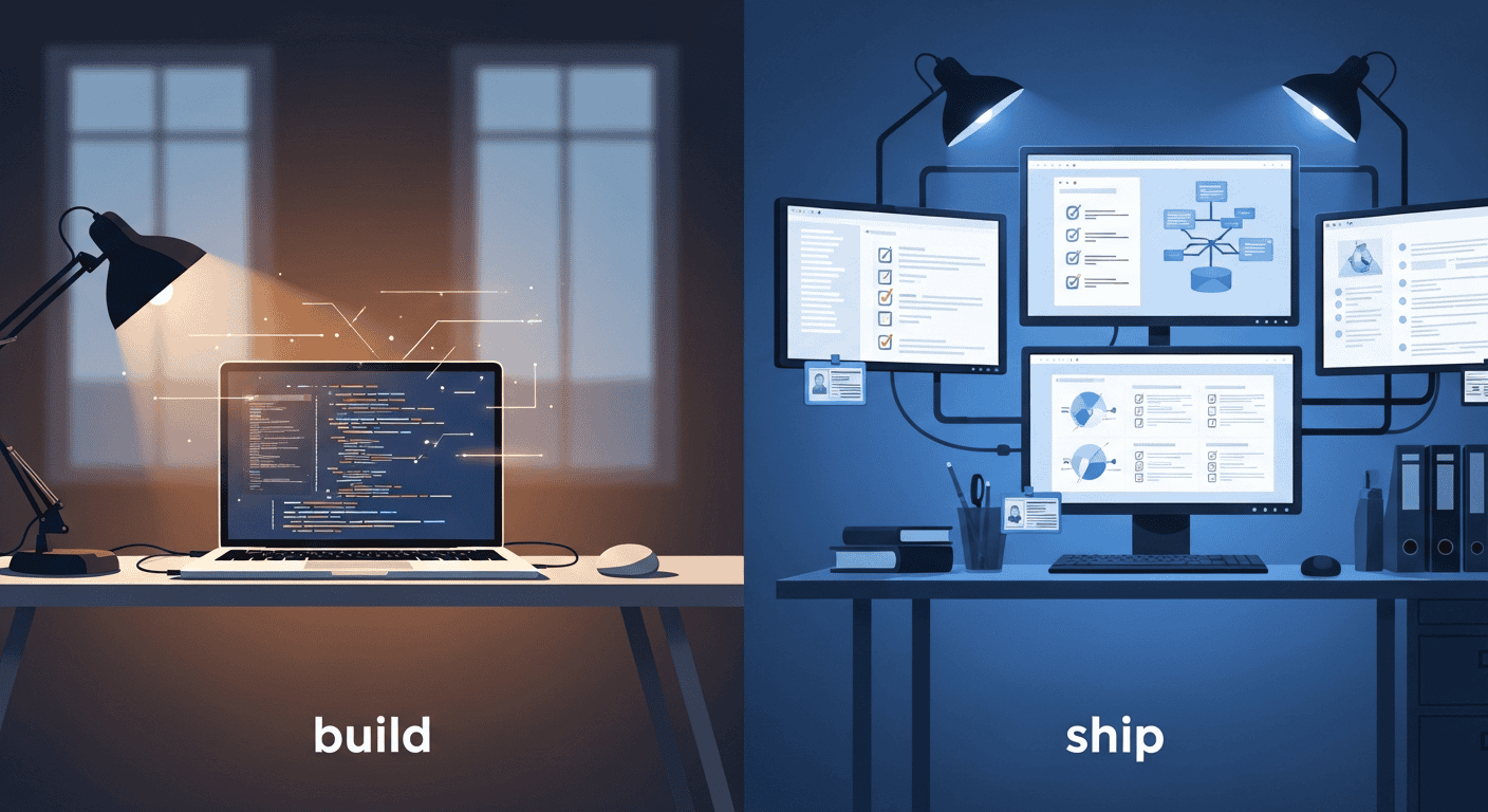 Two-panel illustration showing the build phase on the left and the ship phase on the right, separated by a visible gap