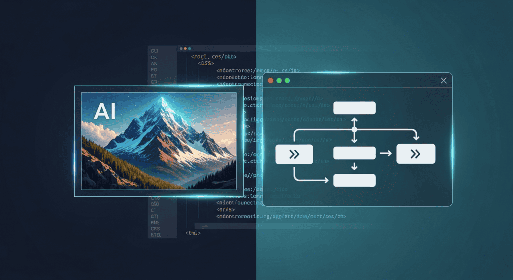 Comparison of an AI-generated photo versus a Claude-built SVG diagram rendered in a browser