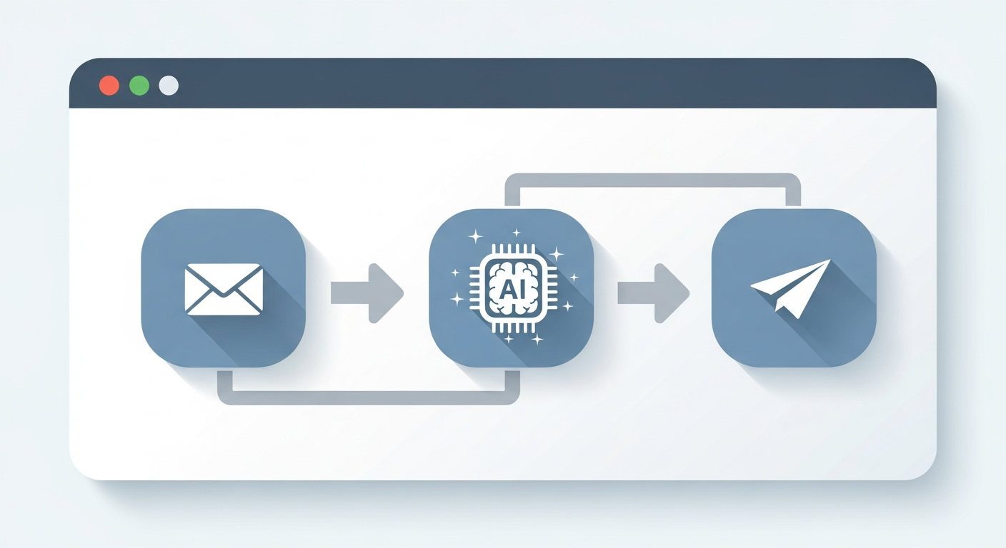 Three step SVG flowchart showing customer email flowing to AI processing and back to a sent reply