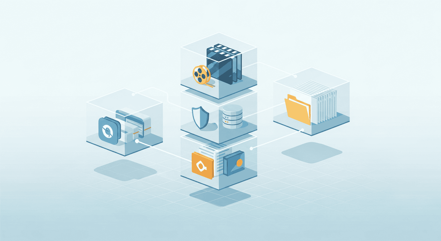 Abstract illustration of containerized services running side-by-side on a home server, isolated yet connected