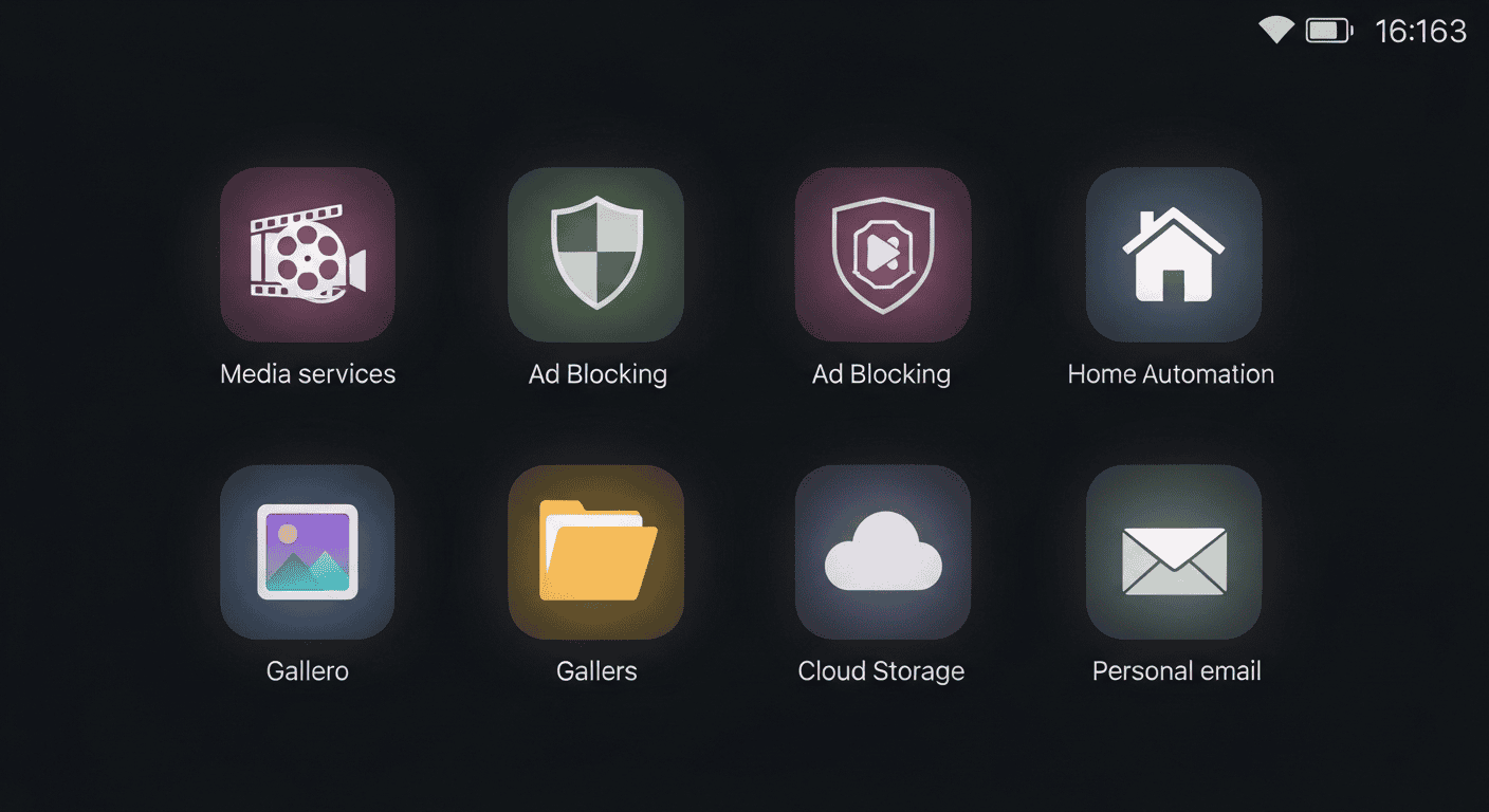 A tile grid of common self-hosted services running on a home server: media, ad-blocking, home automation, photos, cloud files, and email