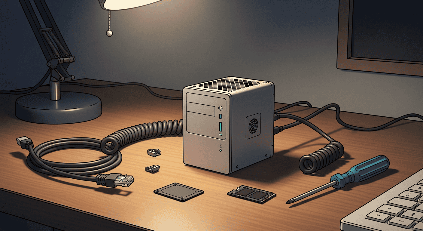 A small refurbished mini PC on a wooden desk surrounded by an ethernet cable, an SSD, and a screwdriver. Typical home-server starter hardware