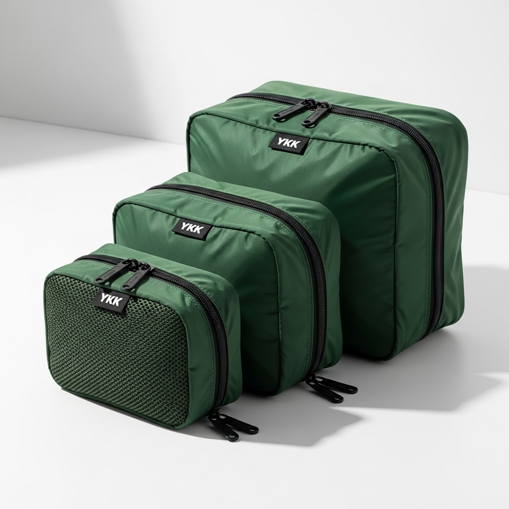 Set of three green travel packing cubes with mesh tops and YKK zippers, Osprey Daylite set fits 2XL and 3XL shirts