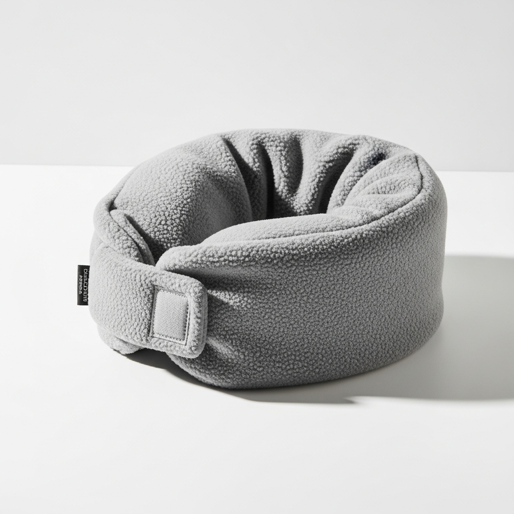 Gray Trtl travel neck pillow, scarf-style design with hidden internal brace, no clasp or strap needed