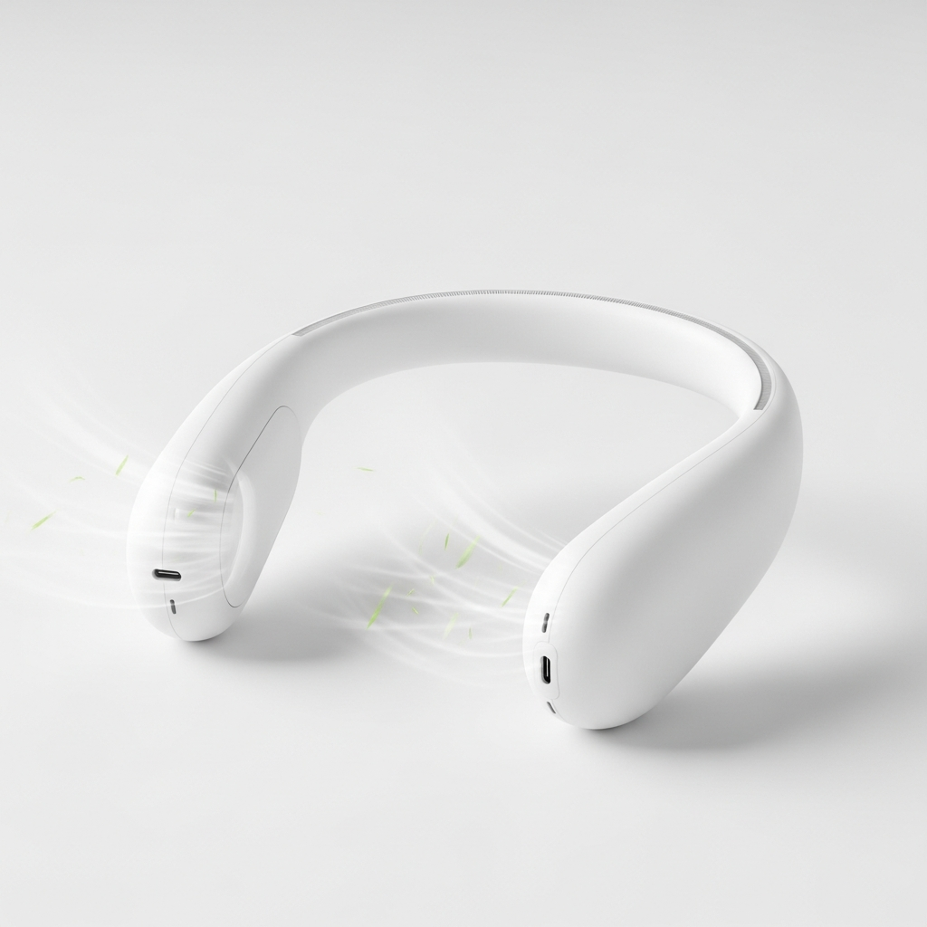 White bladeless portable neck fan with U-shaped arc design, wearable cooling fan for travel with no exposed blades