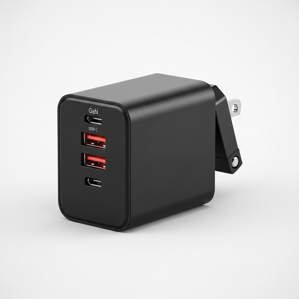 Compact black Anker 747 GaN 150W wall charger with three USB-C and one USB-A port, charges a laptop and three devices simultaneously