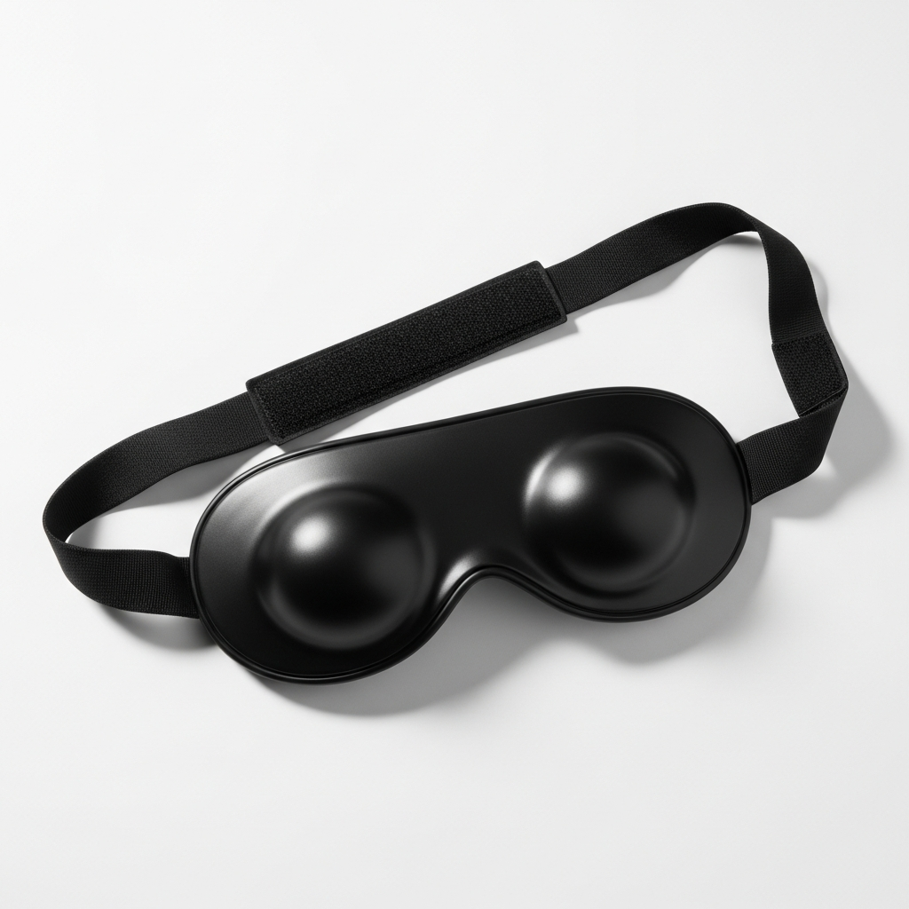 Black Manta sleep mask with modular eye cups and velcro adjustable strap, fits up to 28-inch head circumference for bigger guys