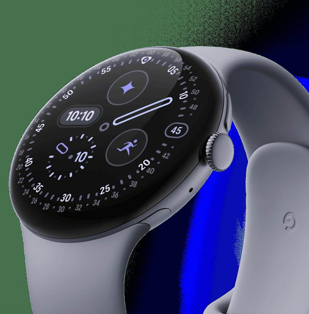 Google Pixel Watch 4 (45mm) on a gradient backdrop showing the round case, sport band, and watch face