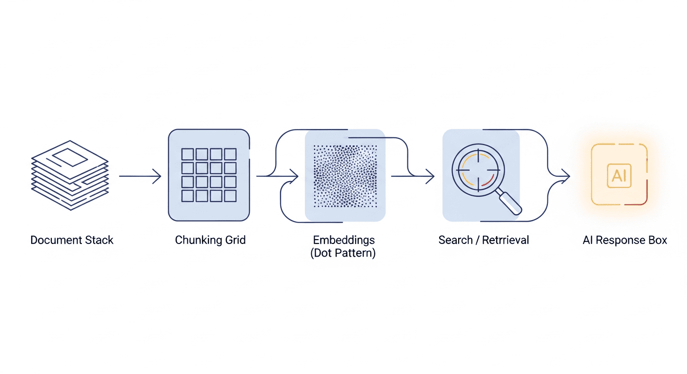 Stylized RAG pipeline diagram: documents become chunks, chunks become embeddings, retrieval matches a query, and the LLM produces an answer