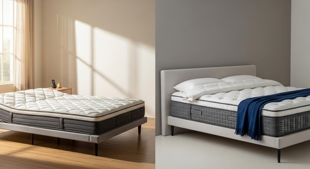 Sleep Number C4 vs Saatva HD side-by-side comparison: thinner adjustable air bed on the left, taller hybrid coil mattress on the right