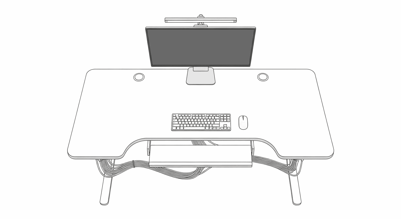 Complete ergonomic home office setup diagram showing proper desk, chair, and accessory positioning