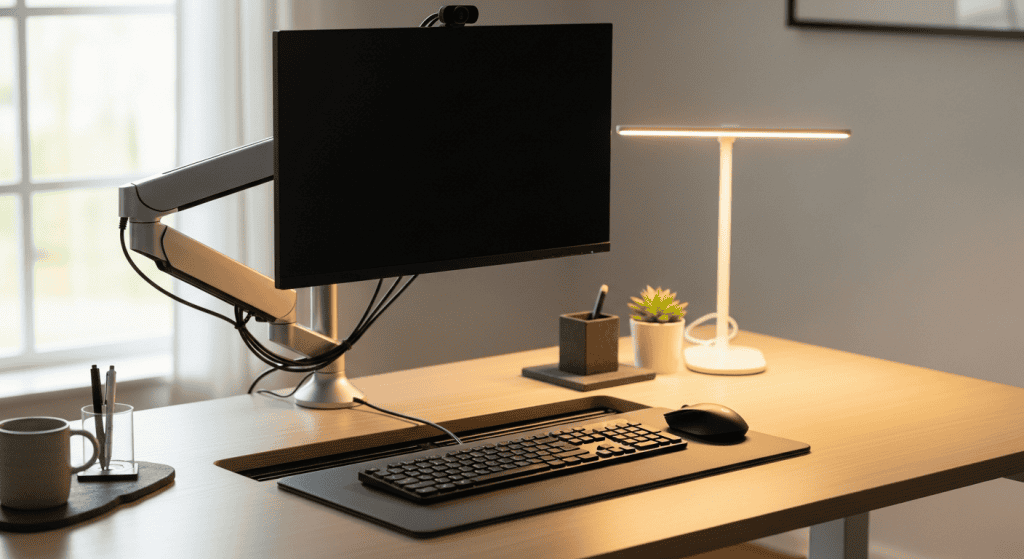 Work from home ergonomic desk setup showing monitor arm, keyboard tray, and proper positioning