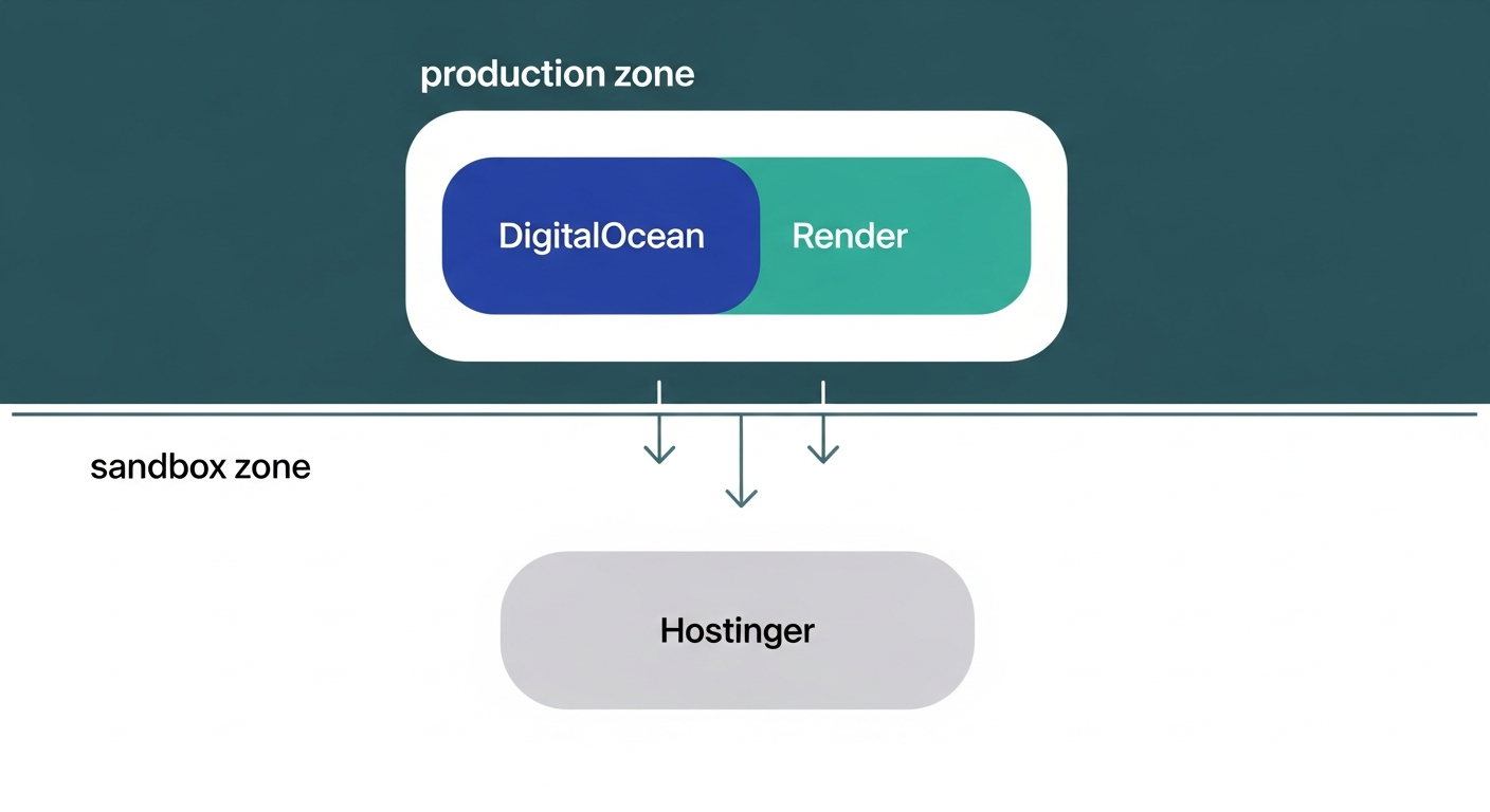 Tommy's actual hosting stack: DigitalOcean and Render for production, Hostinger as an experimentation sandbox