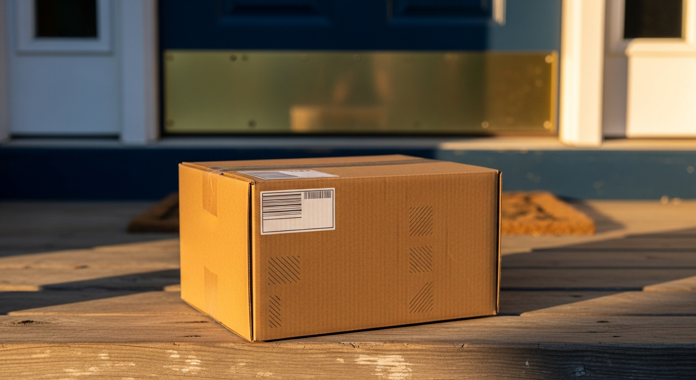 Generic cardboard shipping box and shipping label concept illustrating direct-from-seller cheap-goods delivery