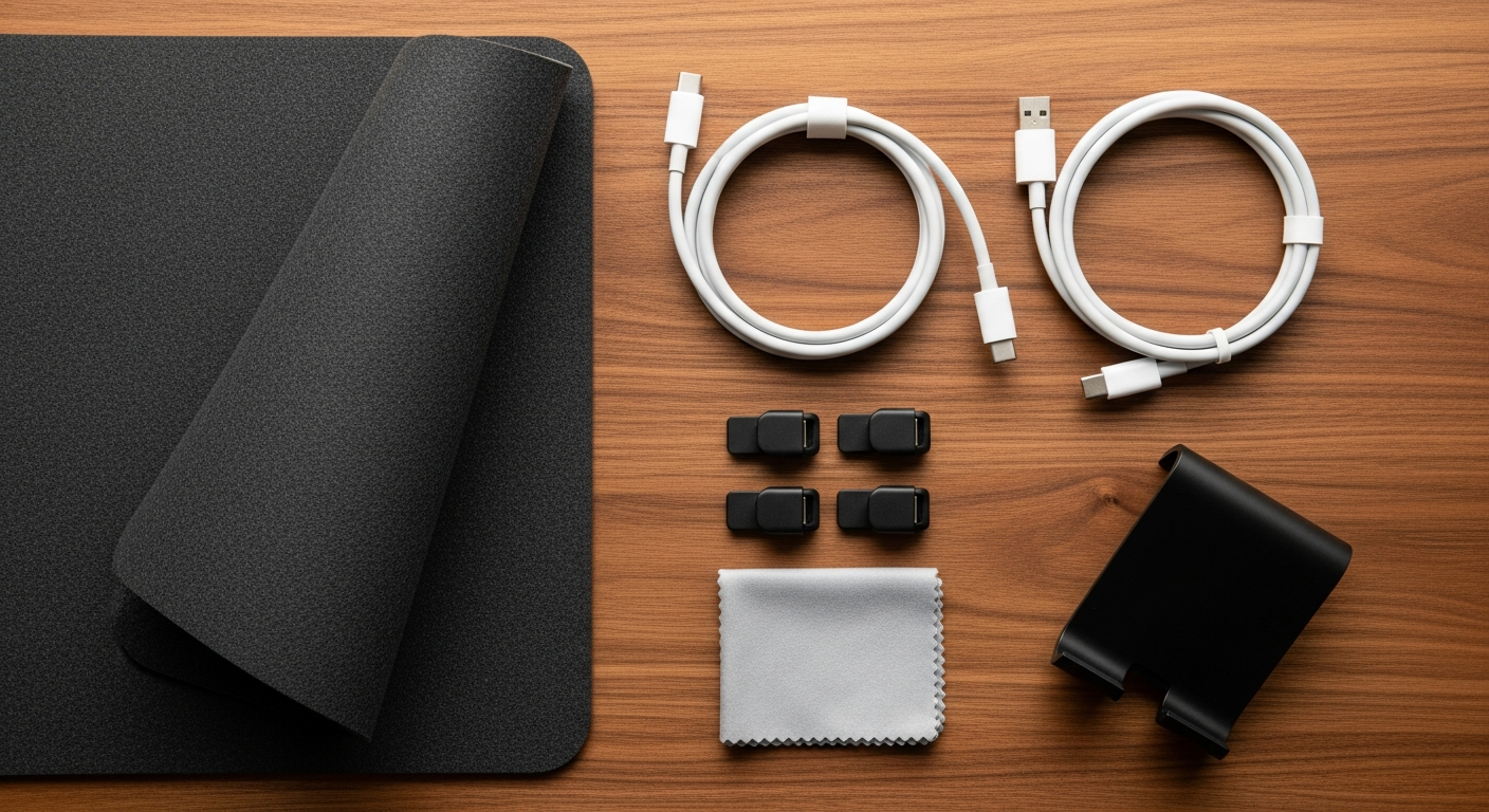 Amazon Haul tech accessories desk flat lay: cable clips, USB-C cable, microfiber cloth, and a large cloth desk pad on a wood surface