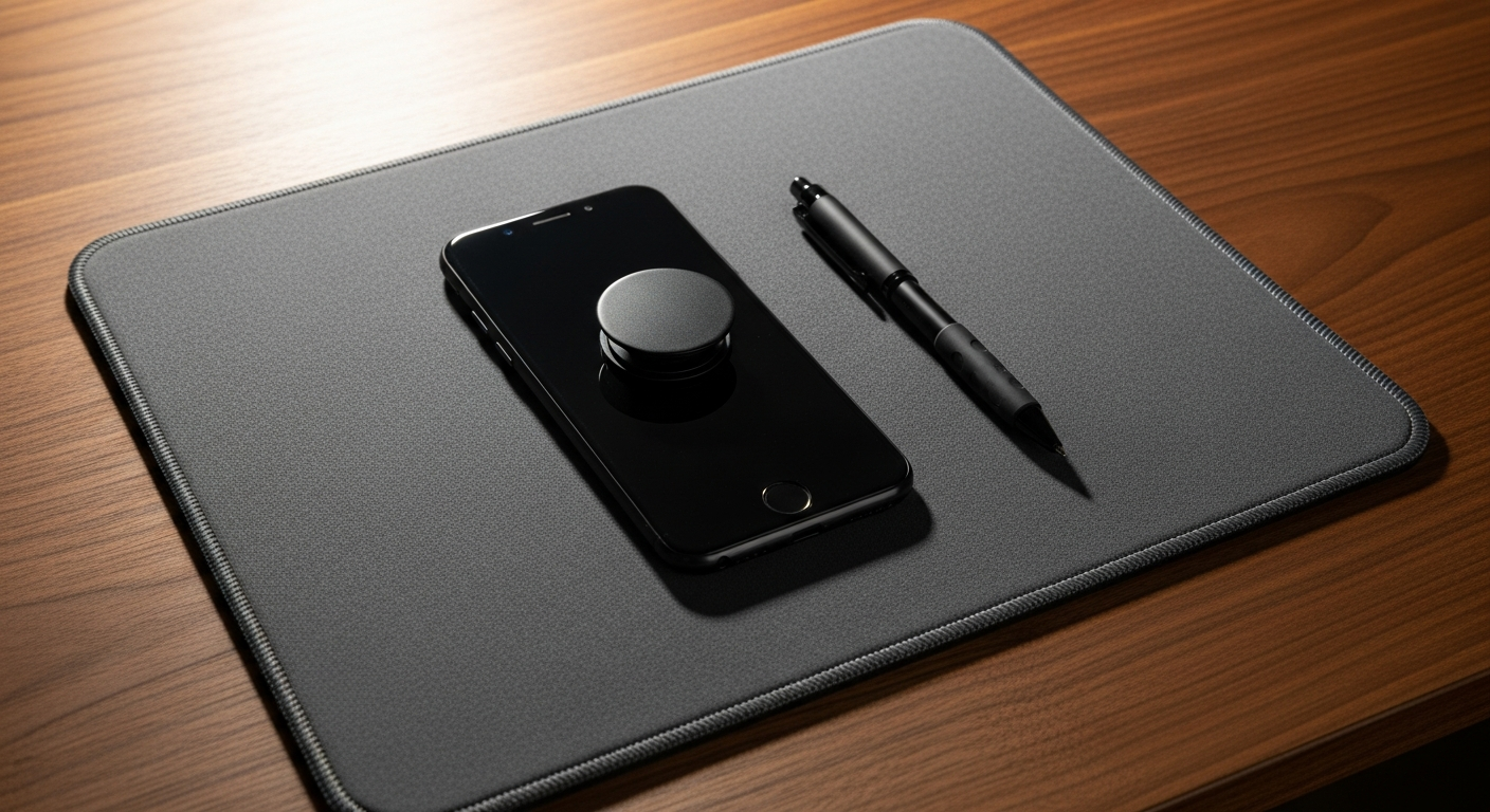 Oversized extended cloth desk mouse pad and a phone with a generic pop grip, illustrating big-guy-friendly desk accessories where size risk is low