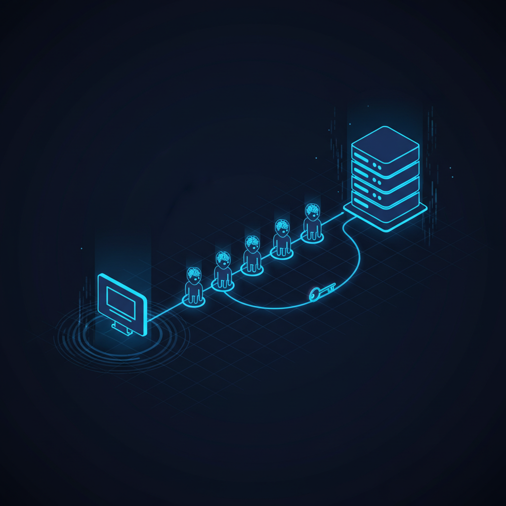 Diagram of an isolated AI content pipeline showing a separate workstation and web server linked by a single scoped credential