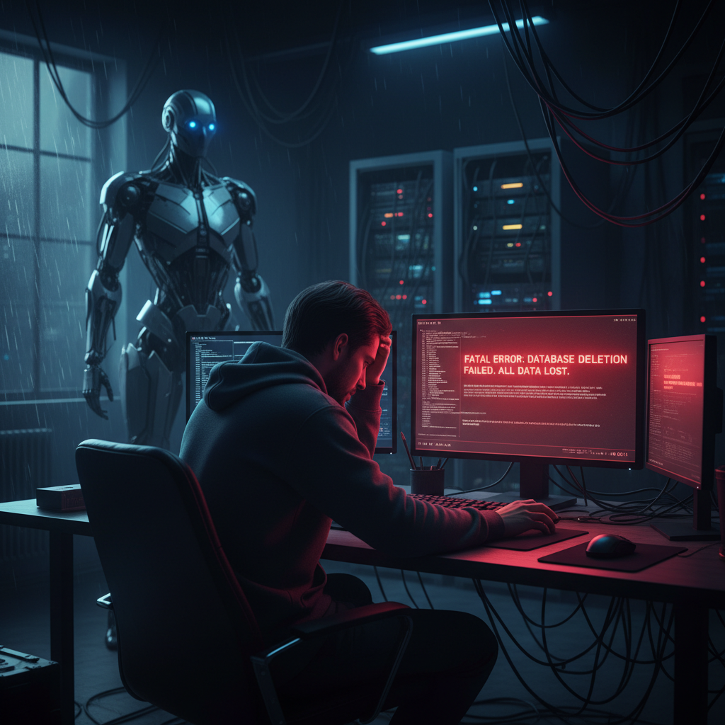AI agent blast radius concept: a developer at a terminal with a red database error message