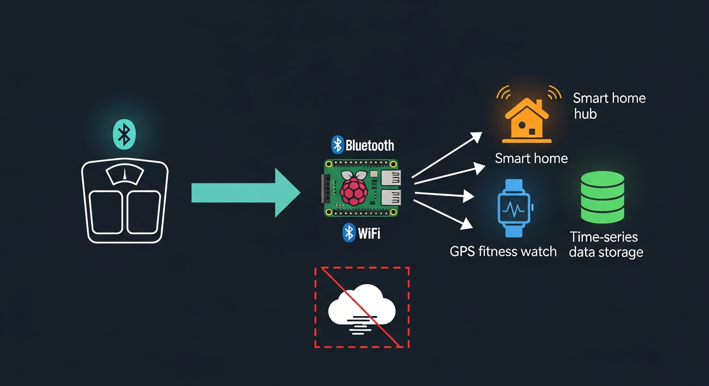 BLE Scale Sync pipeline diagram: scale to Raspberry Pi to Home Assistant, Garmin, and InfluxDB without vendor cloud