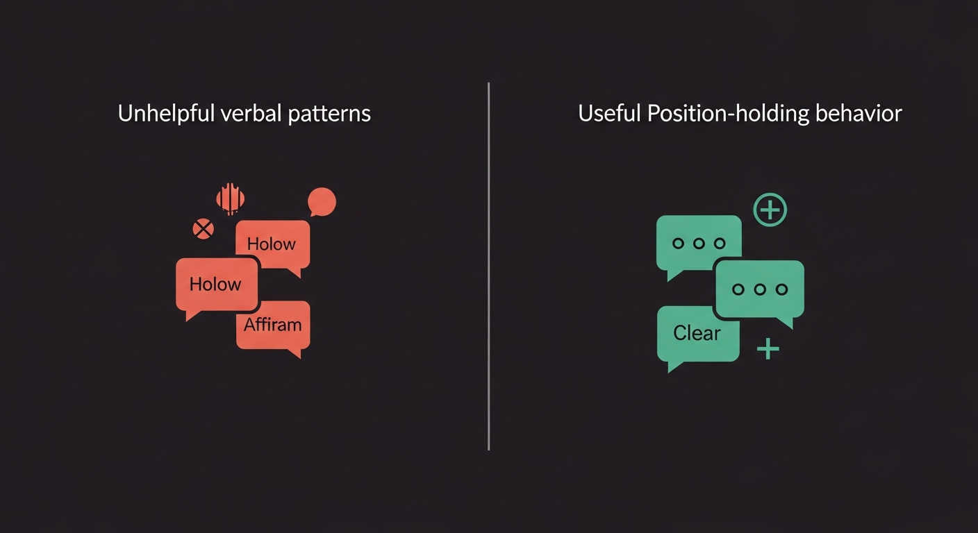 Split diagram showing claude code verbal tics categorized as bugs (hollow validation openers) versus features (position-maintenance phrases)