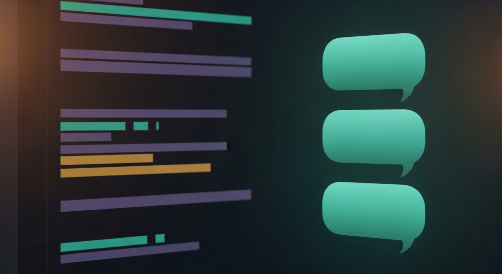 Stylized illustration of a code editor with colored syntax stripes on the left and three glowing chat bubbles on the right, representing Claude Code conversations.