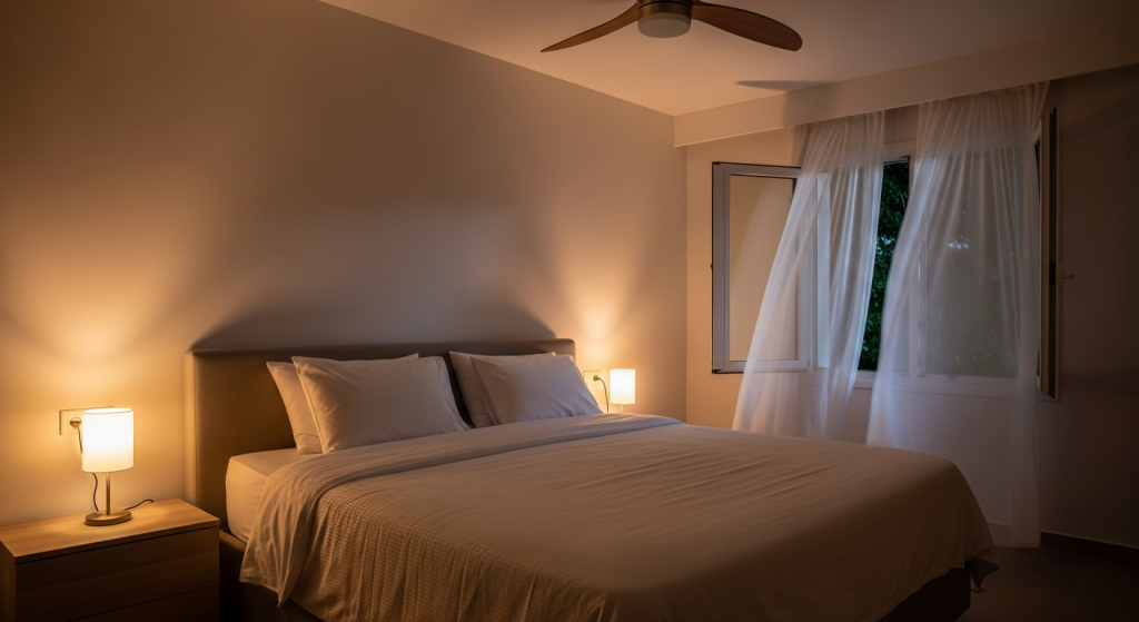 Cooling sheets for hot sleepers: a large inviting bed with crisp light-colored breathable sheets, ceiling fan overhead and sheer curtains billowing from an open window
