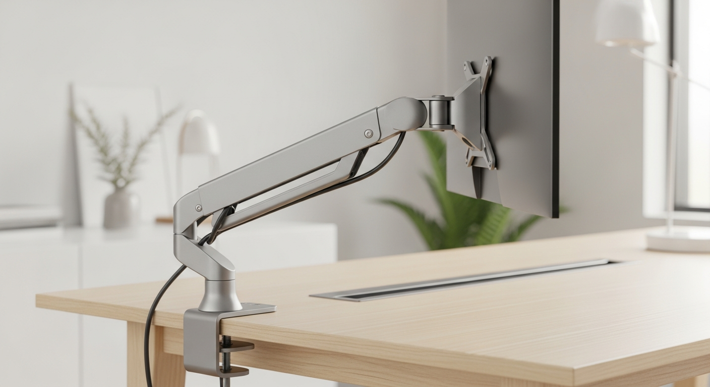Ergotron LX articulating monitor arm desk mount holding monitor at eye level