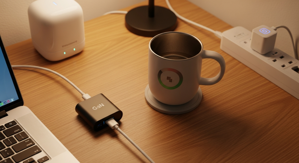 WFH desk with Key Light Neo, GaN charger, Ember Mug, and smart plug, tech gifts under $100 for dad that stay on the desk