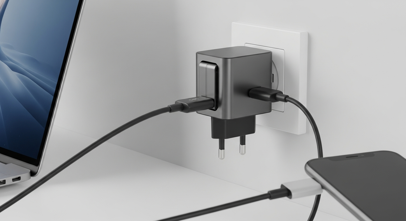 Anker 735 GaN charger with laptop and phone connected, one outlet, all devices